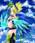  bad_id bad_pixiv_id bare_shoulders blonde_hair blue_hair blush facial_mark fang feathers flat_chest green_hair guiyu_(cindy) hair_ornament hairclip harpy impossible_clothes leather lightning_bolt midriff miniskirt monster_girl monster_girl_encyclopedia multicolored_hair open_mouth petite pointy_ears red_eyes skirt smile solo tail talons thunderbird_(monster_girl_encyclopedia) twintails wings 