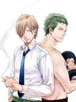  2boys back-to-back blonde_hair cigarette collared_shirt duo green_hair hair_over_one_eye male male_focus multiple_boys muscle necktie one-eyed one_piece roronoa_zoro sanji scar shirt smoking topless weights 