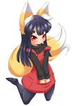  animal_ears blush flat_chest fox_ears fox_tail long_hair looking_at_viewer original pantyhose red_eyes simple_background smile solo tail tsune-hime ukan_muri v_arms white_background 