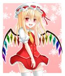  blonde_hair blush flandre_scarlet hanazome_dotera hat hat_ribbon red_eyes ribbon side_ponytail solo thighhighs touhou white_legwear wings 