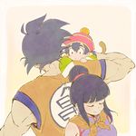  2boys back-to-back black_hair carrying chi-chi_(dragon_ball) closed_eyes dragon_ball dragon_ball_z family father_and_son hat long_hair mother_and_son mukamo_(inujita) multiple_boys smile son_gohan son_gokuu tail 