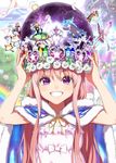  3girls :3 :d animal bangs bird blonde_hair blush bow bug butterfly butterfly_wings cape crayon creature crown dolphin dress fairy ferris_wheel fireworks flower fur_trim giraffe grin happy hat head_wings insect kawakami_rokkaku long_hair looking_at_viewer moon multiple_girls musical_note no_pupils open_mouth original pink_hair purple_eyes rainbow riding salute sidelocks size_difference smile solo_focus space sparkle star sun teeth unicorn upper_body v wings 