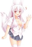  animal_ears bad_id bad_pixiv_id blush breasts cleavage large_breasts long_hair open_mouth original red_eyes silver_hair simple_background skirt smile solo tail thighhighs waving white_background white_legwear wolf_ears wolf_tail yuu_(yu0221f) 