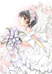  black_hair bouquet bridal_veil bride brown_eyes chize dress flower gloves head_wreath highres short_hair to_aru_kagaku_no_railgun to_aru_majutsu_no_index uiharu_kazari veil wedding_dress 