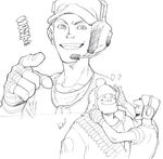  bad_id bad_pixiv_id bandaged_hands bandages bandolier blush_stickers character_name collarbone dog_tags face grin hat headset heart kotteri male_focus monochrome multiple_boys open_mouth signature sketch smile team_fortress_2 the_heavy the_scout upper_body white_background 