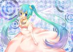  aqua_hair blue_eyes checkered checkered_background dress elbow_gloves gloves hatsune_miku jewelry long_hair necklace open_mouth solo tsukushidango twintails very_long_hair vocaloid wings 