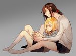  bad_id bad_pixiv_id blonde_hair brown_hair casual christa_renz closed_eyes electric_flower freckles full_body grey_background hair_between_eyes holding_hands multiple_girls no_shoes ponytail shingeki_no_kyojin short_hair simple_background sitting skirt ymir_(shingeki_no_kyojin) yuri 