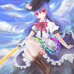  blouse blue_hair blue_sky boots bow cloud cross-laced_footwear day food fruit hat higashimura highres hinanawi_tenshi knees_up leaf light_smile long_hair looking_at_viewer peach puffy_short_sleeves puffy_sleeves red_eyes rock short_sleeves sitting skirt sky solo sword sword_of_hisou touhou weapon wind 