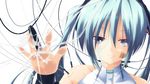  android aqua_hair barcode barcode_tattoo bridal_gauntlets broken_glass cable copyright_name fourth_wall glass hand_on_glass hatsune_miku hatsune_miku_(append) highres light_smile musical_note solo tattoo vocaloid vocaloid_append white_background yuzuki_kei 