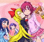  5girls 6_(skskskmtsn) aida_mana angry annoyed blonde_hair blue_eyes blue_hair blush cheek_kiss closed_eyes colored_eyelashes dokidoki!_precure double_bun hair_ribbon hairband half_updo hands_on_shoulder happy harem heart hishikawa_rikka jealous kenzaki_makoto kiss long_hair multiple_girls nail_polish orange_eyes orange_hair pink_background pink_eyes pink_hair precure purple_hair regina_(dokidoki!_precure) ribbon short_hair smile surprise_kiss surprised thighhighs wavy_mouth yotsuba_alice yuri zettai_ryouiki 