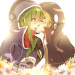  1girl bad_id bad_pixiv_id blonde_hair closed_eyes flower green_hair hetero hood hoodie kagerou_project kano_shuuya kido_tsubomi kiss long_hair shigure_kio short_hair 