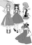  ascot blush bow detached_sleeves greyscale hair_bow hair_tubes hakurei_reimu kayako_(tdxxxk) kazami_yuuka long_hair looking_at_viewer monochrome multiple_girls multiple_views short_hair simple_background smile touhou translation_request turnaround umbrella white_background 