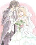  bouquet bridal_veil bride christa_renz closed_eyes couple crossdressing dress elbow_gloves flower formal freckles gloves happy holding_hands jewelry multiple_girls necklace necktie pant_suit pearl_necklace shingeki_no_kyojin suit traditional_media veil watercolor_(medium) wedding wedding_dress wife_and_wife ymir_(shingeki_no_kyojin) yukitake0109 yuri 