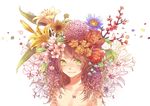  bare_shoulders brown_hair cherry_blossom female flower flowers green_eyes hair_flower itsia itsiaorz lilac looking_at_viewer original petals smile solo sun sunflower topless yellow_flower 