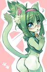  :3 animal_ears ass bangs bell blue_eyes blush cat_ears cat_girl cat_tail commentary_request cowboy_shot eyebrows_visible_through_hair furrowed_eyebrows furry glasses green_fur green_hair hair_intakes hairband jingle_bell looking_at_viewer looking_back midori_(nakagami_takashi) nemu_(nora) original outline parted_bangs parted_lips paw_print pink_background pink_hairband raised_eyebrows shiny shiny_hair short_hair simple_background squiggle standing tail thick_eyebrows topknot white_outline 