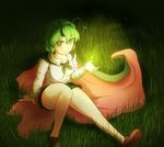  antennae bare_legs cape don9899 dress_shirt fireflies grass green_eyes green_hair highres knee_up loafers looking_at_viewer no_socks open_hand outdoors shirt shoes short_hair shorts sitting sitting_on_object smile solo touhou wriggle_nightbug 