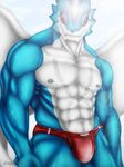  &gt;:( abs anime biceps blade blue_skin bulge close-up digimon dragon hi_res japanese kion light lizard male manly muscles naval nipples outside pecs red_eyes reptile scalie shadow sharp_teeth shiny skin solo speedo standing sunlight teeth underwear vein white_skin wings 