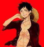  1boy abs color_background hand_on_hat hand_on_headwear hat headwear_removed male male_focus monkey_d_luffy one_piece open_clothes open_shirt red_background scar shirt simple_background solo stampede_string straw_hat 