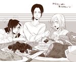  christa_renz den1208 eating food freckles hand_on_another's_cheek hand_on_another's_face monochrome multiple_girls sasha_braus shingeki_no_kyojin short_hair translated ymir_(shingeki_no_kyojin) 