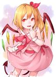  :d alternate_costume bare_shoulders blonde_hair blush demon_tail fang flandre_scarlet hair_ribbon highres junwool long_hair looking_at_viewer navel no_hat no_headwear open_mouth pointy_ears red_eyes ribbon side_ponytail sketch skirt smile solo tail touhou wings 