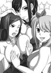  3girls breasts covering covering_breasts erza_scarlet fairy_tail juvia_loxar kishuu_chokkoo large_breasts lucy_heartfilia monochrome multiple_girls smile wink 