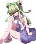  bad_id bad_pixiv_id breasts cleavage clog_sandals frog_hat green_hair japanese_clothes kochiya_sanae legs medium_breasts panties seidou_(tukinomiyako) sitting skirt socks touhou underwear white_legwear yellow_panties 