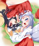  animal_ears blue_eyes blush fox_ears fox_tail japanese_clothes long_hair miko multiple_girls open_mouth original red_eyes rotational_symmetry sakame_(ukan_muri) smile tail tsune-hime ukan_muri 