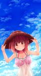  bikini brown_eyes brown_hair cloud day dress hands_on_headwear hat hataraku_maou-sama! sasaki_chiho see-through short_hair sky smile solo straw_hat suchiimu swimsuit 