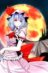  :o absurdres ascot bad_id bad_pixiv_id bat_wings blue_hair bow breasts brooch full_moon hat hat_ribbon highres irieventura jewelry looking_away medium_breasts mob_cap moon older puffy_short_sleeves puffy_sleeves red_eyes red_moon remilia_scarlet ribbon short_hair short_sleeves skirt skirt_set sky solo star_(sky) starry_sky touhou tree water wings 