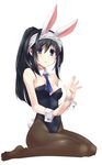  animal_ears bad_id bad_pixiv_id bare_shoulders between_breasts black_hair blue_eyes breasts bunny_ears bunny_tail bunnysuit detached_collar hairband highres idolmaster idolmaster_cinderella_girls long_hair necktie necktie_between_breasts pantyhose paopao ponytail sagisawa_fumika tail wrist_cuffs 