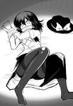  aoinu bdsm bondage bound bow bra gag gagged greyscale hat hat_bow hat_removed headwear_removed improvised_gag long_sleeves monochrome open_clothes open_shirt pantyhose shirt short_hair solo tape tape_gag thighband_pantyhose touhou underwear usami_renko 