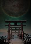  butterfly full_moon grass haru_(snowdrop) insect moon mountain night night_sky no_humans original scenery sky torii water 