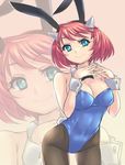  ajino_(sakanahen) animal_ears bow bowtie breasts bunny_ears bunny_tail bunnysuit cleavage detached_collar green_eyes horns large_breasts original pantyhose red_hair short_hair tail wrist_cuffs zoom_layer 