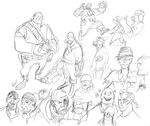  bad_id bad_pixiv_id bandolier explosive eyepatch flamethrower fur_hat gas_mask gloves grenade greyscale hat helmet kotteri monochrome multiple_boys signature sketch smile team_fortress_2 the_demoman the_heavy the_pyro the_sniper the_soldier ushanka weapon white_background 