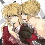  1girl androgynous bare_back bare_shoulders beatrice blonde_hair blue_eyes cravat dress formal frills hair_bun hand_on_another's_face long_hair looking_back lovemaronmeru0827 smile suit umineko_no_naku_koro_ni ushiromiya_lion 