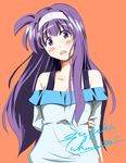  absurdres bare_shoulders blush character_name hairband highres long_hair long_sleeves lyrical_nanoha mahou_shoujo_lyrical_nanoha_strikers open_mouth p2_shino purple_eyes purple_hair simple_background sketch solo tsukimura_suzuka 