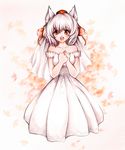  animal_ears bangs bare_shoulders breasts bridal_veil collarbone dress fang hands_on_own_chest hat inubashiri_momiji looking_at_viewer open_mouth red_eyes short_hair tamichan tokin_hat touhou veil wedding_dress white_hair wolf_ears 
