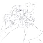  blush bow closed_eyes hair_bow hakurei_reimu kayako_(tdxxxk) kirisame_marisa kiss lineart long_hair monochrome multiple_girls simple_background thick_eyebrows touhou white_background yuri 