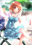  1girl :d bicycle bow breasts brown_eyes brown_hair cleavage frills ground_vehicle hair_bow hataraku_maou-sama! highres large_breasts long_legs multiple_riders open_mouth riding sasaki_chiho short_hair sidesaddle smile solo_focus swordsouls 