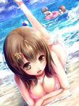  bad_id bad_pixiv_id ball bangs bare_arms bare_shoulders beach beachball bear_hair_ornament bikini breasts brown_eyes brown_hair cleavage closed_eyes day dutch_angle eyebrows_visible_through_hair hair_ornament hairclip highres horizon innertube long_hair lying medium_breasts missile228 multiple_girls ocean on_stomach open_mouth original outdoors pink_bikini short_hair sky smile solo_focus swimsuit water waves 