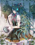  aqua_eyes aqua_hair bow dress gloves hatsune_miku headphones leaf long_hair noka_(blackheart1118) plant solo very_long_hair vocaloid watering_can 