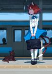  :o alternate_costume animal_ears bag brown_hair cat cat_ears cat_tail chen contemporary day dress_shirt full_body ground_vehicle hair_ornament hairclip highres holding holding_bag junwool kneehighs mary_janes multiple_tails nekomata no_hat no_headwear outdoors red_eyes shirt shoes short_hair sketch skirt solo standing tactile_paving tail touhou train train_station v_arms white_legwear 