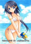  bell bikini black_hair blue_eyes blush breasts choker cleavage hair_bell hair_ornament kazane_hiyori long_hair looking_at_viewer medium_breasts navel nightmare77zx side-tie_bikini smile solo sora_no_otoshimono strap_gap swimsuit traditional_media wading water_gun 