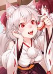  animal_ears blush breasts detached_sleeves fangs food highres himekaidou_hatate inubashiri_momiji junwool large_breasts multiple_girls no_hat no_headwear open_mouth red_eyes short_hair sketch smile tail tongue tongue_out touhou white_hair wolf_ears wolf_tail yellow_eyes 