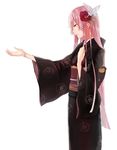  brown_eyes butterfly_hair_ornament flower hair_flower hair_ornament highres japanese_clothes kimono long_hair megurine_luka outstretched_arm pink_hair solo vocaloid yuki_ikuy 