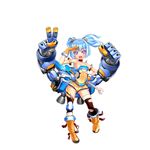  armband bandaid bandaid_on_knee bare_shoulders blue_hair boots breasts full_body gloves highres lucknight mecha_musume midriff navel original pink_eyes shorts small_breasts solo thighhighs twintails v wrench 