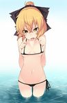  bad_id bad_pixiv_id bikini blonde_hair bow breasts groin hair_bow hair_bun hati105 kurodani_yamame medium_breasts micro_bikini navel short_hair solo sweatdrop swimsuit touhou yellow_eyes 