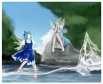  barefoot blue_hair bow cirno daiyousei dress frog frozen frozen_frog green_hair ice ice_wings multiple_girls rock smile thart touhou water wings 
