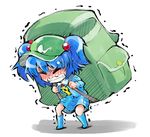  backpack bag blue_dress blue_hair blush boots clenched_teeth closed_eyes dress full-face_blush full_body hair_bobbles hair_ornament hat heavy kawashiro_nitori rubber_boots shinapuu shirt simple_background skirt solo teeth touhou trembling two_side_up 
