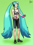  aqua_hair hatsune_miku highres long_hair midriff shorts sports_bra swemu twintails vocaloid weights 